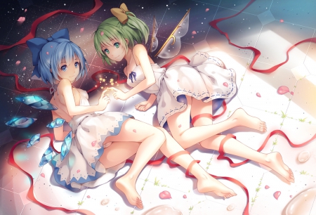 Touhou Fairy - nice, female, hot, daiyousei, wings, anime girl, touhou, pretty, petals, anime, ribbon, cute, short hair, sexy, lying, girl, adorable, lovely, hd, blue hair, kawaii, wing, sweet, fairy, green hair, cirno, dress