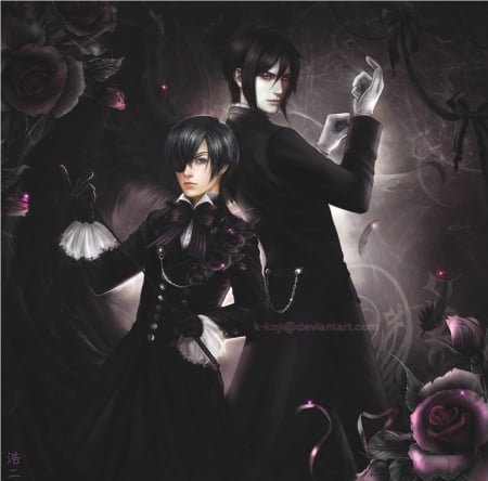 Black Butler - anime, Ciel, guy, gloomy, evil, emotional, dark, Ciel Phantomhive, boy, male, gloom, horror, hd, Sebastian Michaelis, Phantomhive, abstract, realistic, kuroshitsuji, flower, darkness, cg, handsome, sebastian, sinister, black butler, rose, 3d, floral, eerie