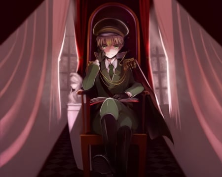 United Kingdom - scary, creepy, hot, united kingdom, hetalia axis powers, evil, sinister, dark, cool, anime, horror, short hair, axis powers, military, handsome, male, sexy, hetalia, green eyes, boy, uniform, serious, guy