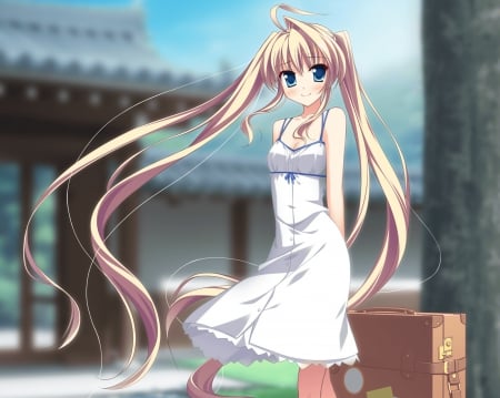 â™¡ Maiden â™¡ - female, hot, sundress, twintail, blond, anime girl, blond hair, blonde hair, anime, blouse, twin tail, cute, sexy, girl, twintails, long hair, bag, kawaii, twin tails, dress, blonde