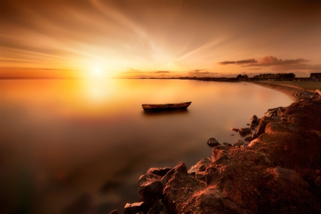 Canoe - canoe, lake, sunset, landscape