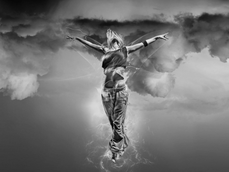 I believe I can fly ... - black, fantasy, white, fly, digital, girl, art