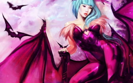 Morrigan Aesland - sky, wings, black, fantasy, batwoman, cloud, pink, blue, morrigan aesland