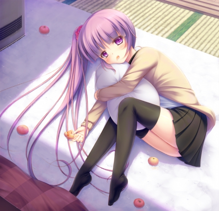 So Bored - anime, tired, kawaii, female, food, lying, long hair, purple eyes, bed, pillow, fruit, bored, hug, purple hair, anime girl, skirt, hot, girl, bedroom, blouse, cute, sexy