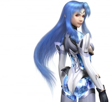 Kos-Mos - realistic, kos mos, female, hot, video game, simple, anime girl, rpg, fantasy, armor, white, red eyes, xenosaga, game, anime, cute, sexy, girl, warrior, long hair, cg, hd, blue hair, 3d, plain, bodysuit