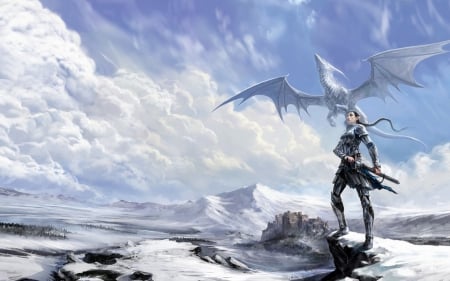 Dragon Master - sky, rt, wings, anndr, black, fantasy, white, art, cloud, man, dragon, master, fly, elf, monster, winter, blue