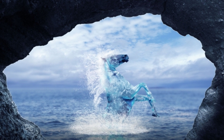 Fantasy horse - sky, aqua, ocean, water, fantasy, black, horse, cloud, blue, sea