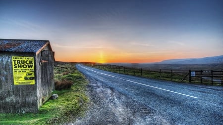 ad on a roadside hut at sunset hdr - sunset, hdr, road, hut, ad