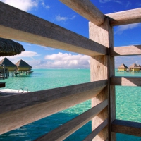 Peeking out of Water Villa Bungalow over clear blue lagoon on paradise tropical island Bora Bora Tahiti Polynesia