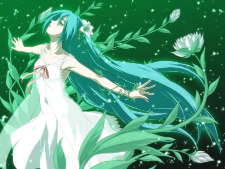 Flower Miku - hatsune miku, blue eyes, light, long hair, wind, geroguos, art, leafs, vocaloid, green, awesome, dress, flower