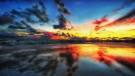 beautiful sunset over sea waves - beach, clors, clouds, sunset, sea, waves