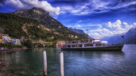 cruise ship on a swiss lake hdr - lake, mountain, town, clouds, hdr, cruise ship