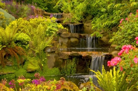 Water cascades - greenery, pretty, quiet, falling, trees, cascades, water, beautiful, lovely, flowers, fall, nature, waterfall, garden, nice, park