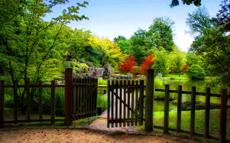 Beautiful park - nice, trees, paradise, greenery, flowering, path, spring, pretty, blossoms, green, alleys, garden, blooming, gate, park, lovely, nature, beautiful, flowers