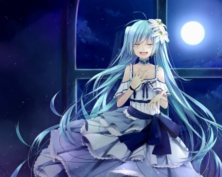 â™ª Singing at Night 4 U ! â™ª - moon, long hairsinging, hatsune miku, long hair, night, wind, cloud, bow, vocaloid, cute, dress, flower