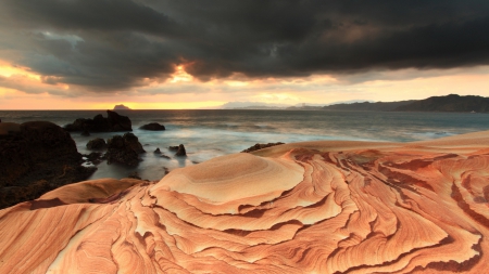 gorgeous sandstone rocky seacoast - sandstone, dark, clouds, sea, rocks, coast