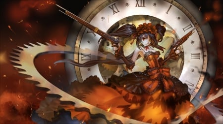 Tokisaki Kurumi - maiden, tokisaki kurumi, pistol, ir, lolita, weapon, twin tails, anime, twintail, date a live, loli, black hair, female, gown, kurumi, cute, beautiful, hot, gun, girl, anime girl, elegant, gorgeous, lady, clock, beauty, twintails, hd, dress, twin tail, warrior, kurumi tokisaki, long hair, sexy