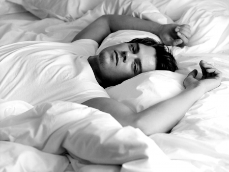 Josh Duhamel - white, bed, josh duhamel, boy, actor, black and white, black