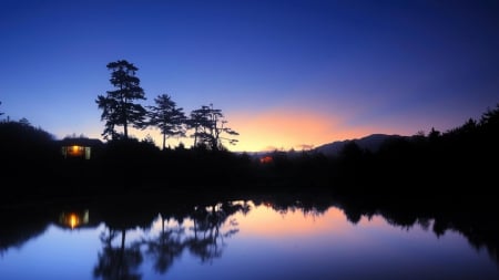 lake house at twilight - lake, reflection, house, trees, twilight