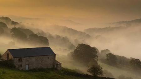 brick farmhouse on a hill in fog - trees, hills, fog, brick, farmhouse