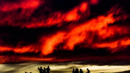 marvelous fiery sky over children silhouettes - clouds, fiery, children, silhouettes, sky