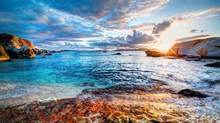 superb sea cove at sunrise hdr - cove, clouds, sailboat, hdr, shore, sea, sunrise, rocks