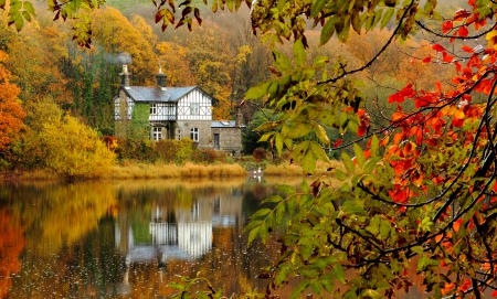 Autumn - house, trees, water, autumn colors, splendor, reflection, leaves, tree, fall, nature, autumn, lake