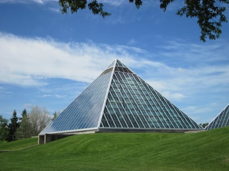 The Botanical Garden - Pyramids, blue, green, photography, Modern, grass, sky, glass