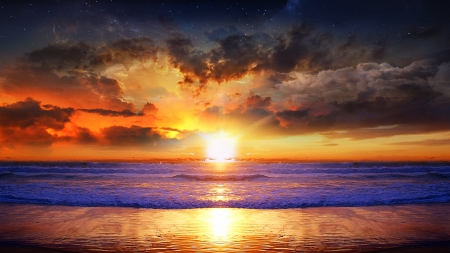 The Sunrise - beach, sunshine, sun, sunset, clouds, morning, ocean, skyphoenixx1, stars, wallpaper, waves, nature, picture, abstract, dawn, sea, sunrise