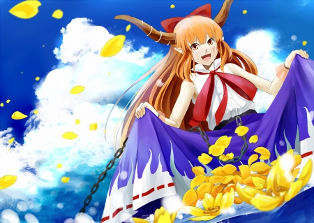 ~Ibuki Suika~ - touhou, ibuki suika, flowers, anime, sky, long hair, yellow petals, clouds, horns