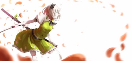 Konpaku Youmu - anime, sword, green eyes, flower, petals, short hair, green dress, touhou, gray hair, konpaku youmu