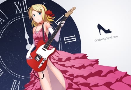 ~Cinderella Syndrome~ - guitar, vocaloid, anime, rin kagamine, clock, pink dress