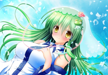 Lovely Kochiya Sanae - yellow eyes, anime, touhou, long hair, green hair, petals, sky, kochiya sanae