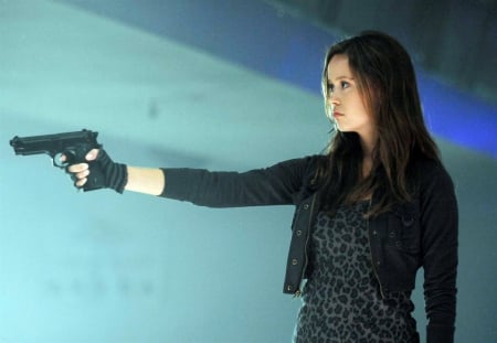 brunette - jacket, brunette, model, gun