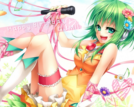 Happy Birthday Gumi!! - flowers, vocaloid, anime, Gumi, microphone, ribbons