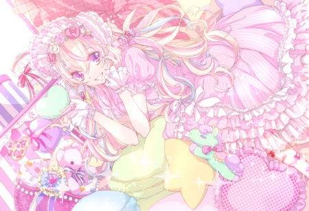 Welcome To My World!! - anime, pillows, dress, blonde, pink, long hair, flowers, lolita fashion, girly, gloves