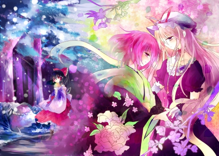 You'll Always Be My Friend - touhou, anime, colorful, friends, flowers, hakurei reimu, saigyouji yuyuko, yakumo yukari