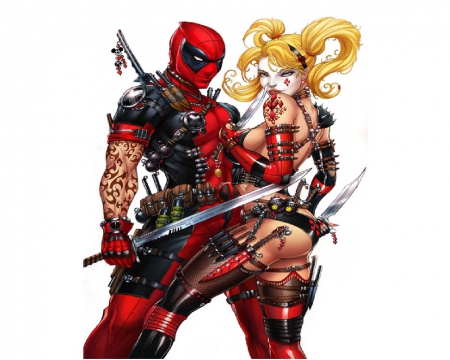 Deadpool And Harley Quinn - Deadpool, Harley Quinn, Knifes, DC Comics, Marvel, Sword