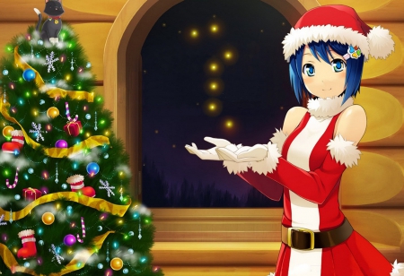 Christmas Tree - pretty, anime, female, shristmas tree, light, short hair, holiday, blue hair, ornaments, hd, merry christmas, sparks, nice, anime girl, hot, girl, lovely, sweet, christmas, cute, sexy