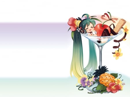 Miku Cocktail - pineapple, glasses, delicious, anime girl, food, hatsune miku, adorable, long hair, hungry, vocaloids, floral, vocaloid, happy, nice, female, twintail, simple, pretty, anime, miku, cute, twin tail, drink, girl, twintails, chibi, cocktail, cherry, lovely, fruit, hatsune, hd, kawaii, twin tails, headphones, plain, green hair, flower