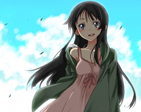 Akiyama Mio - nice, beauty, female, hot, sundress, anime girl, black hair, k on, wind, mio, windy, pretty, anime, mio akiyama, cute, akiyama, sexy, girl, long hair, lovely, jacket, beautiful, kon, sweet, breeze, smile, dress, akiyama mio, happy