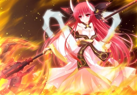 Itsuka Kotori - anime, magic, female, warrior, mad, long hair, itsuka, itsuka kotori, red hair, sad, fire, kotori, weapon, sparks, anime girl, hot, girl, flame, armow, red eyes, glow, angry, redhead, sinister, cute, sexy, date a live, blaze