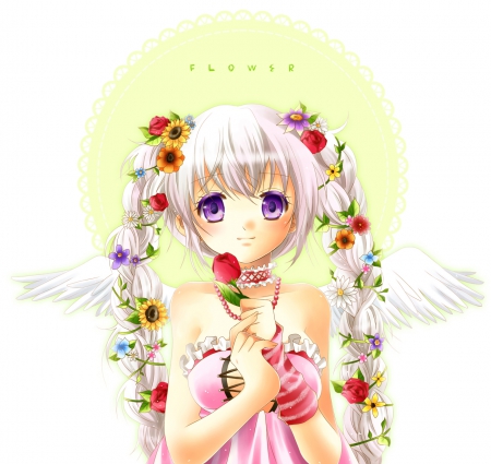 Flower - nice, female, angel, hot, wings, anime girl, pretty, petals, anime, feather, purple eyes, silver hair, cute, sexy, girl, long hair, lovely, floral, wing, blossom, sweet, white hair, flower, dress