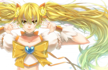 Cure Sunshine - female, hot, blond, twintail, pretty cure, anime girl, armor, precure, blond hair, blonde hair, anime, ribbon, twin tail, cute, yellow eyes, sexy, girl, twintails, magical girl, long hair, hd, twin tails, blonde