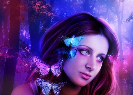 'Splendid Colors of Dreams' - people, female, butterflies, photomanipulation, forests, splendid, rainbow, woods, women, beautiful, charm, digital art, models, weird things people wear, colors, lovely, cool, hair, girls, fantasy, lady, backgrouds, animals