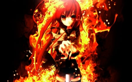 anime - anime, minifalda, long hair, chica, fire, flames, llamas, pelo largo, girl, sword, ojos rojos, espada, mini skirt, red eyes, manga, redhead, fuego, pelirroja