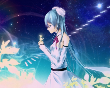 Miku - hatsune miku, stars, soft, light, blue eyes, long hair, night, soft art, nighty, blue hair, bow, vocaloid, anime, flowers, dress