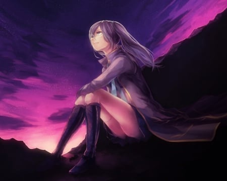 Miku Sunset - sitting, hatsune miku, skirt, stars, blue eyes, sunset, boots, wind, pruple hair, vocaloid, clouds, anime