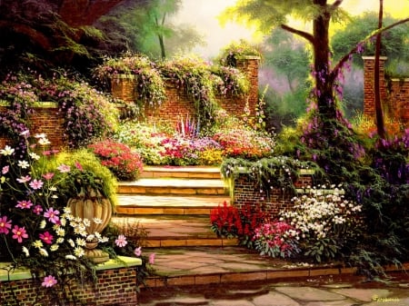 Garden steps - summer, pretty, arch, beautiful, flowers, spring, art, garden, freshness, nice, lovely, floral, painting, park, steps