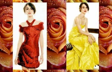 Keira Knightley - cehenot, beauty, woman, actress, girl, rose, white, yellow, ehenot, colage, red, orange, keira knightley, flower, dress